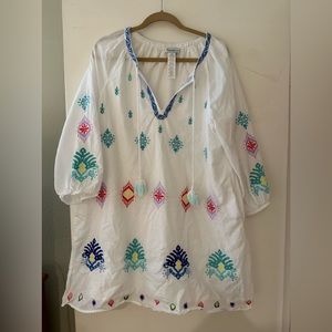 Tommy Bahama watercolor Cotton-Voile Embroidered Split Neck Dress Size XL